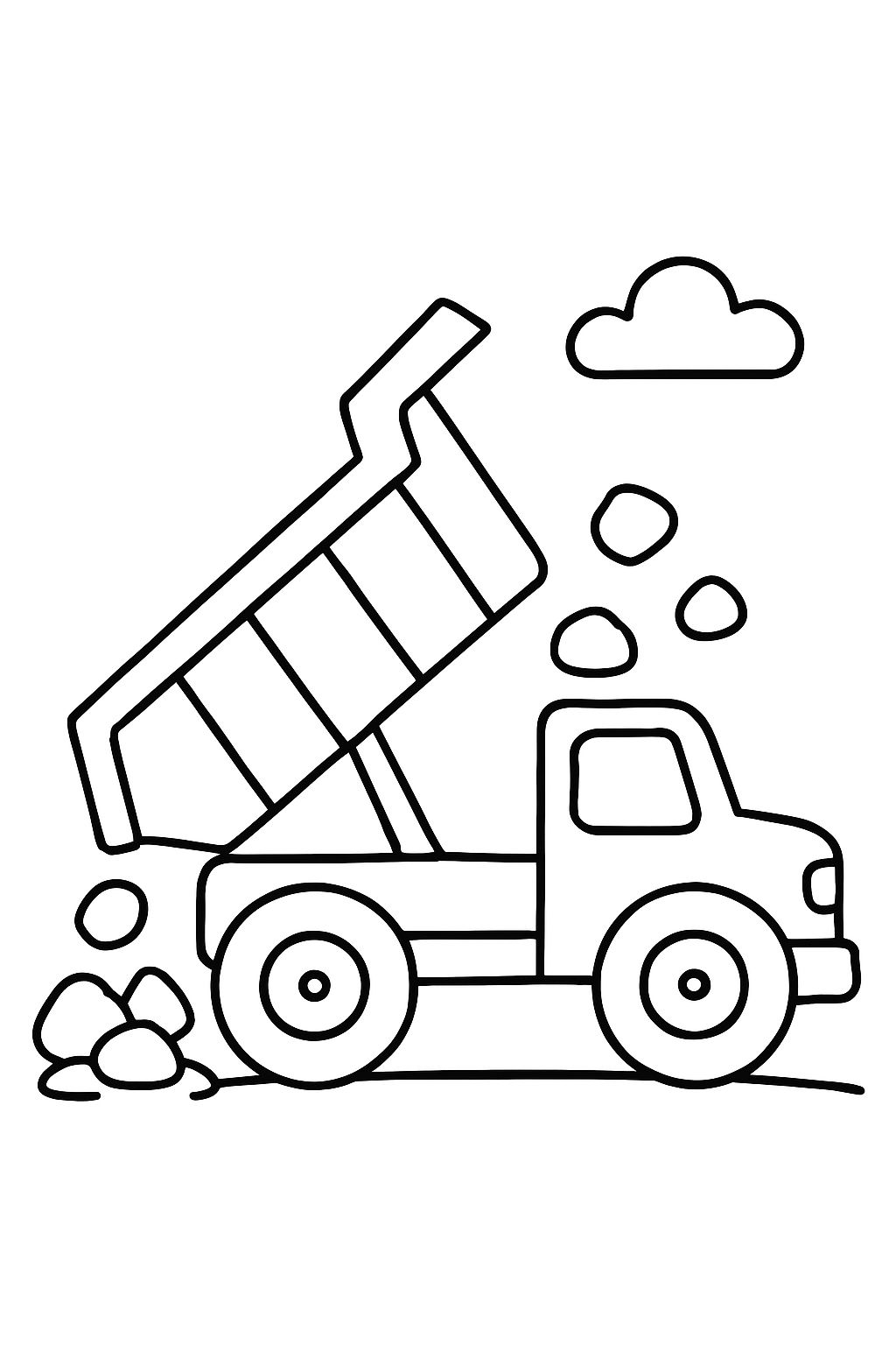 Dump bed lifted with rocks falling out.