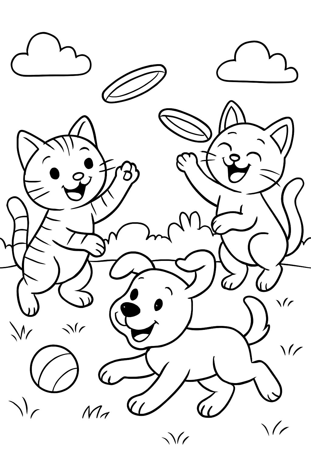 Zwei Kätzchen, zwei Welpen, zwei Frisbees, zwei Bälle, spielen. Zwei Kätzchen, zwei Welpen, zwei Frisbees, zwei Bälle, spielen.