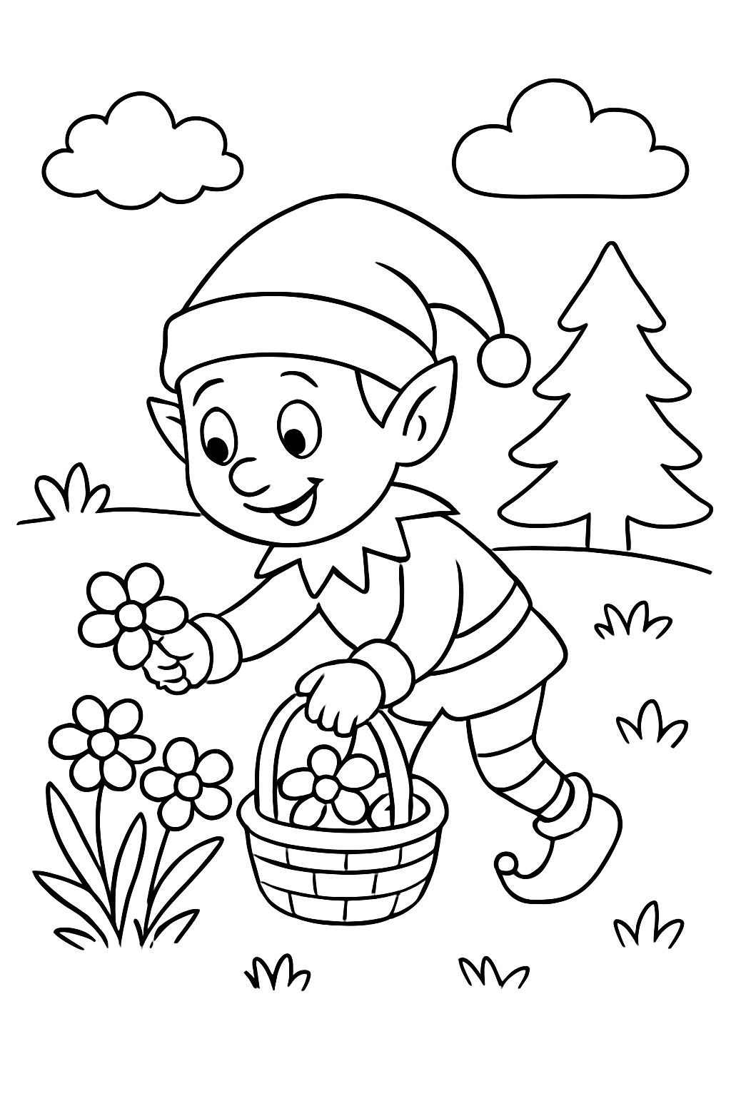 Un elfe de Noël cueillant des fleurs