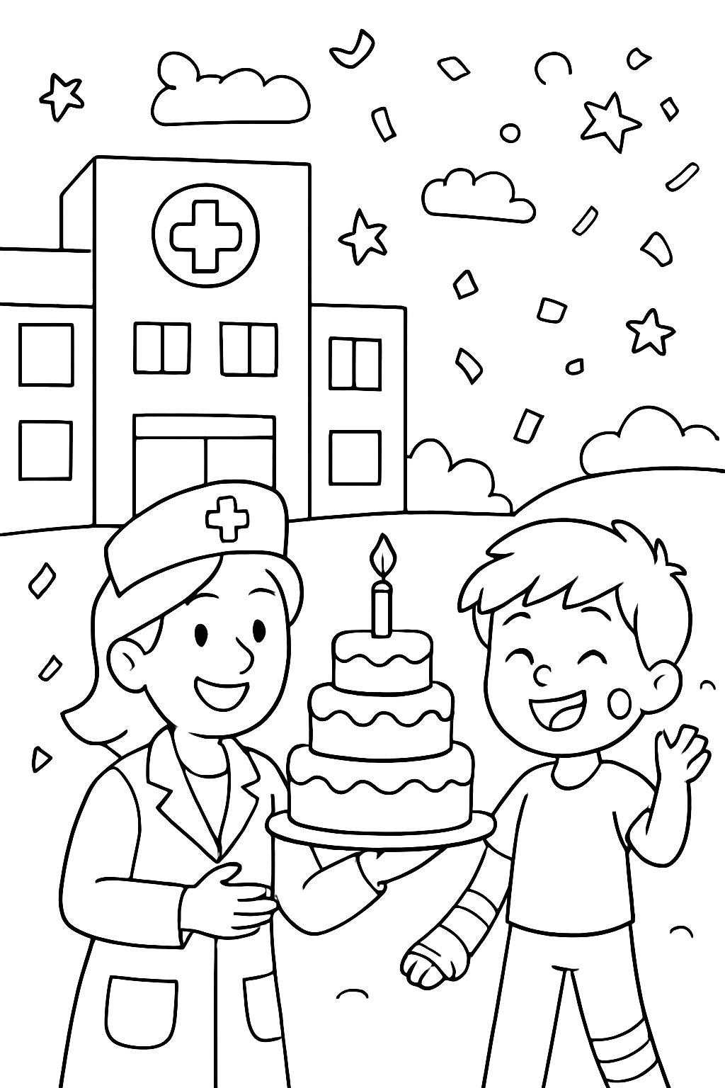 Hospital with birthday cake and confetti stars and an injured person Hospital with birthday cake and confetti stars and an injured person