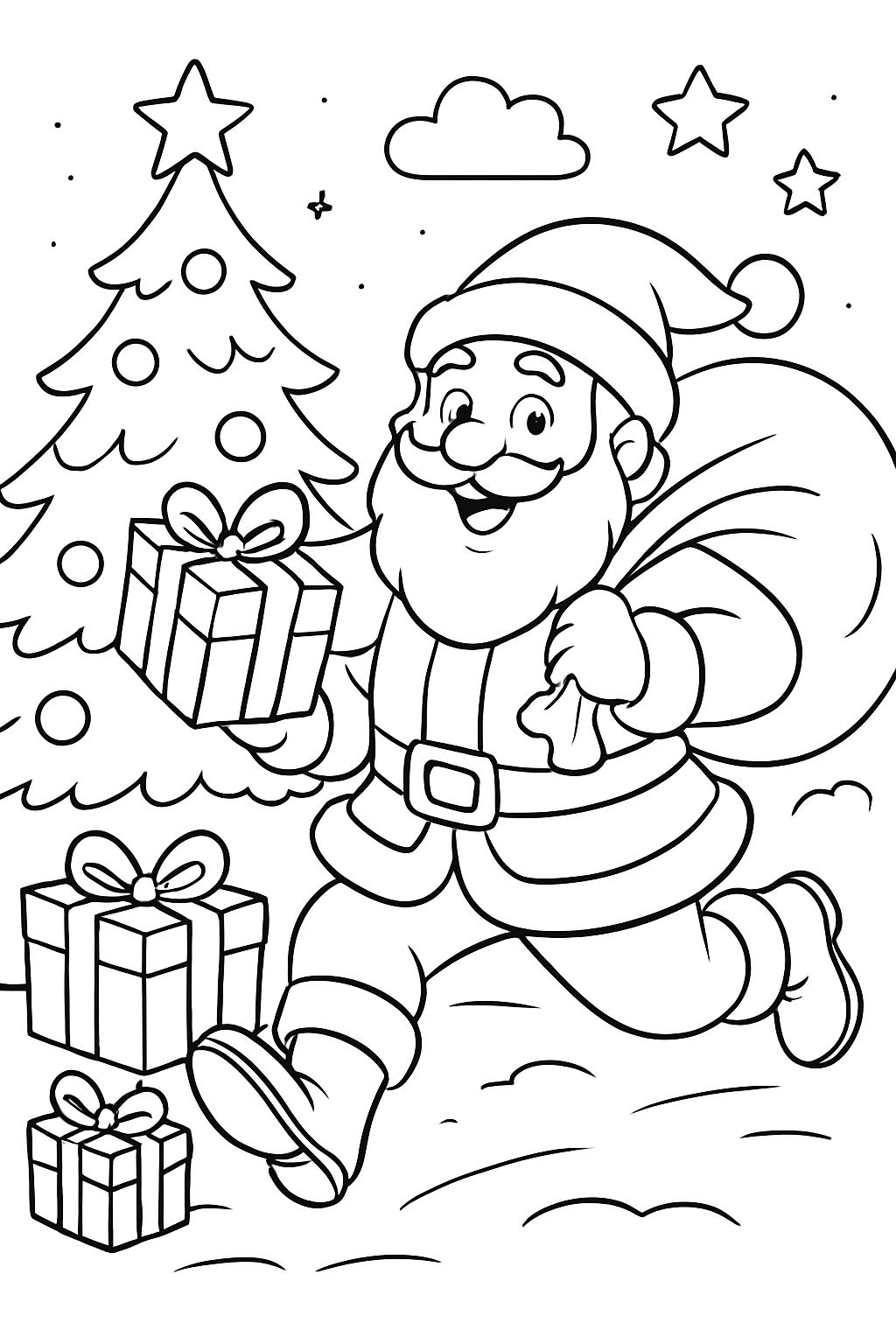 Le père Noël livrant des cadeaux sous l'arbre.