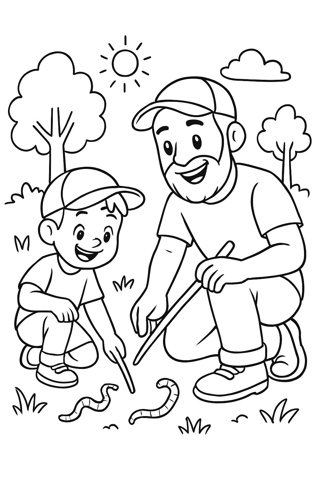 4 year old and 37 year old bearded man hunting for worms