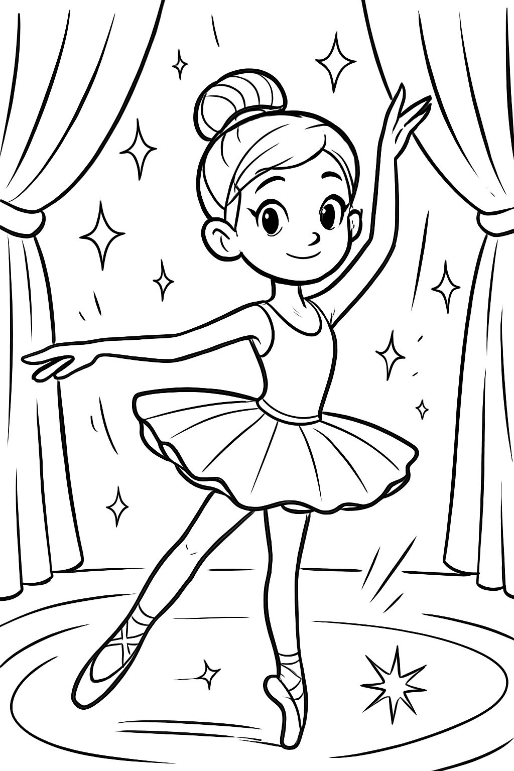 Ballet dancer, small and thin with a bun and big eyes, small nose, showing her fragility but looking confident on stage with a pretty tutu.