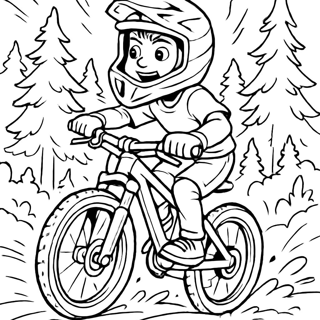 10 year old boy on a mountain bike. In the background, there is a forest. Wearing a full-face helmet 10 year old boy on a mountain bike. In the background, there is a forest. Wearing a full-face helmet