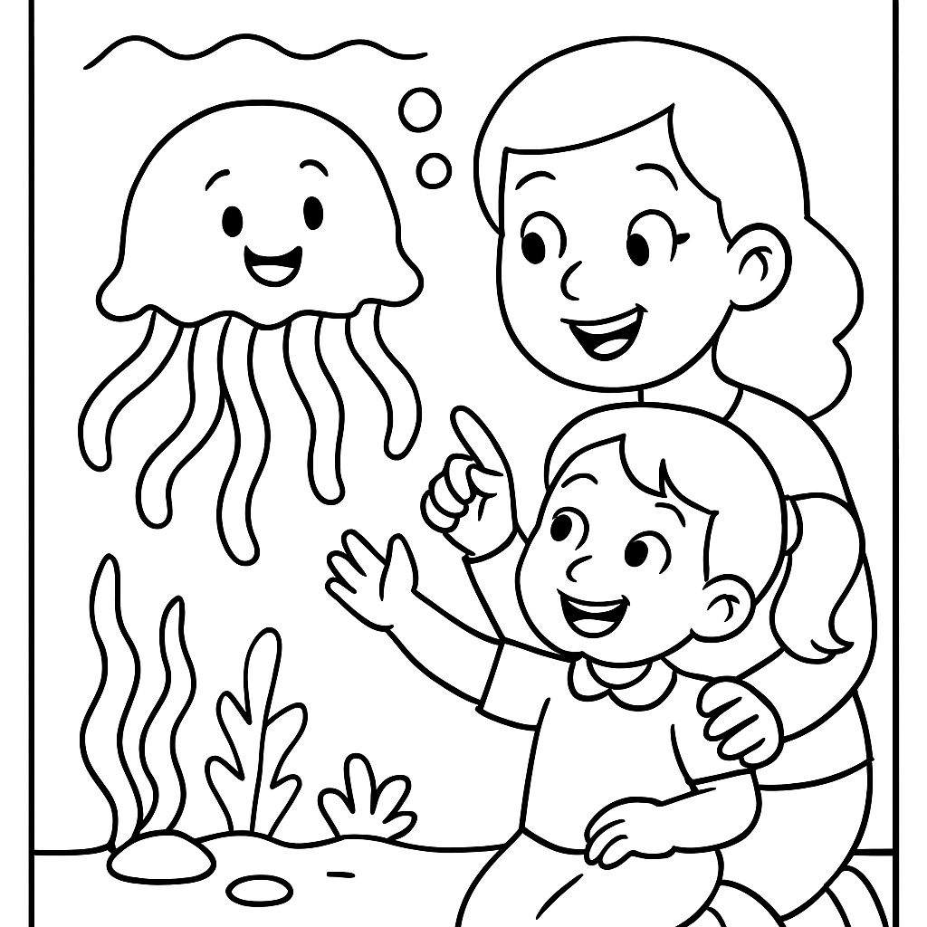 Filha e mãe no aquário olhando para águas-vivas felizes Filha e mãe no aquário olhando para águas-vivas felizes