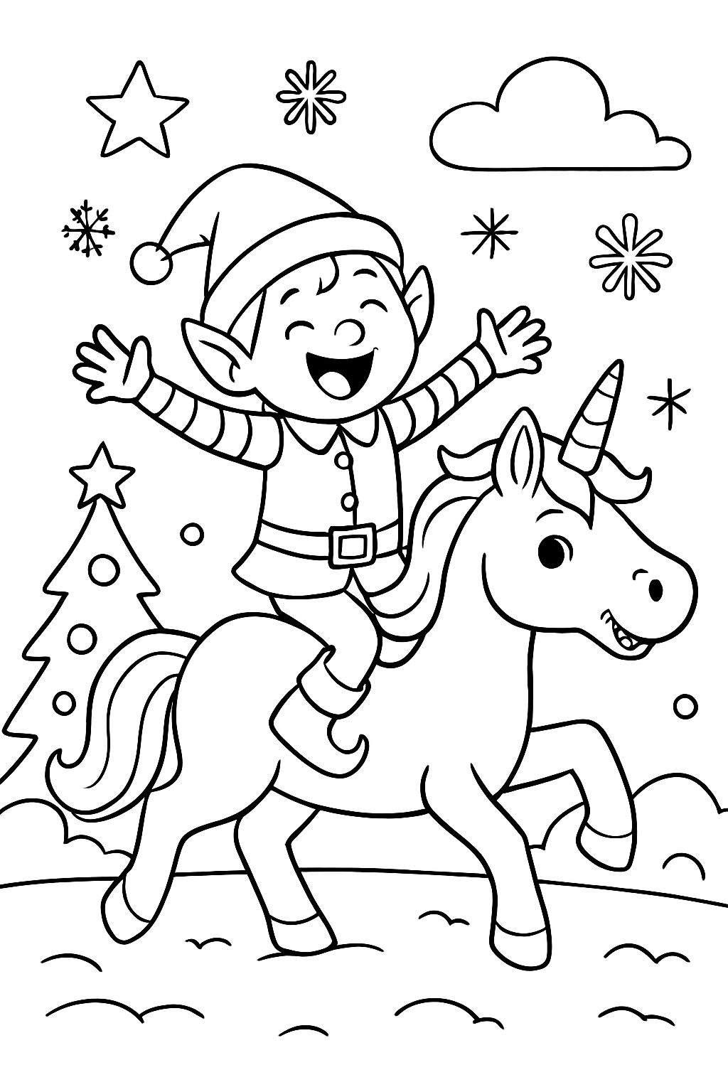 Lutin de Noël faisant de la voltige sur licorne