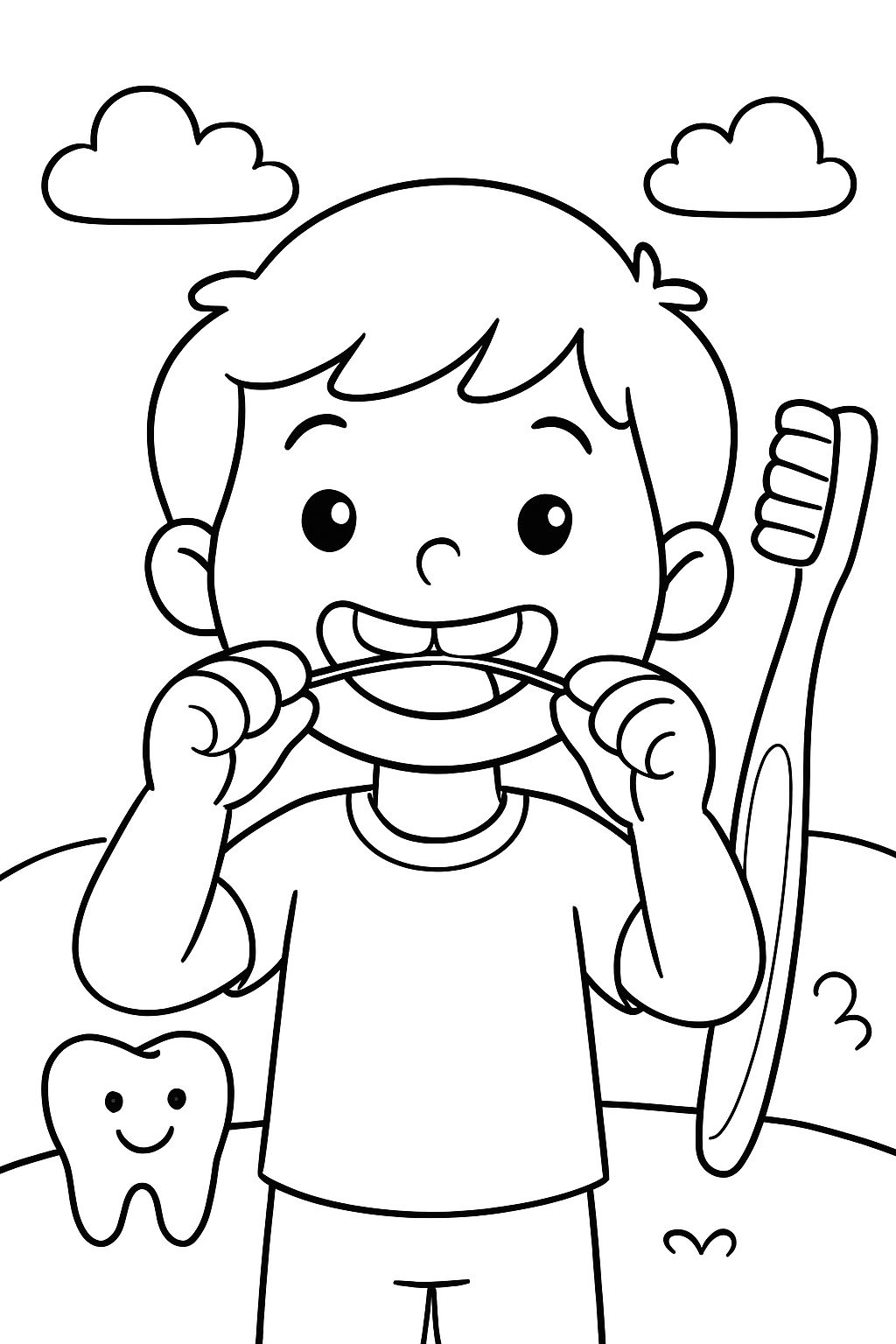 Child taking care of their teeth with dental floss and toothbrush, who is happy.