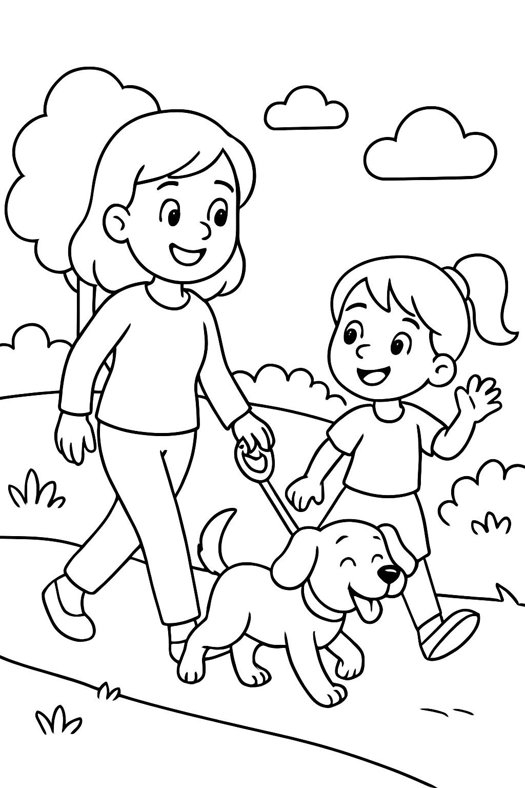 A mom and her daughter walking a dog.