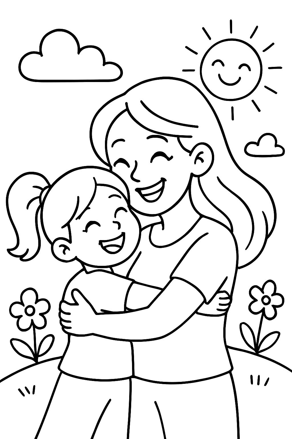 Mãe abraçando a filha de 6 anos. A filha tem um rabo de cavalo.