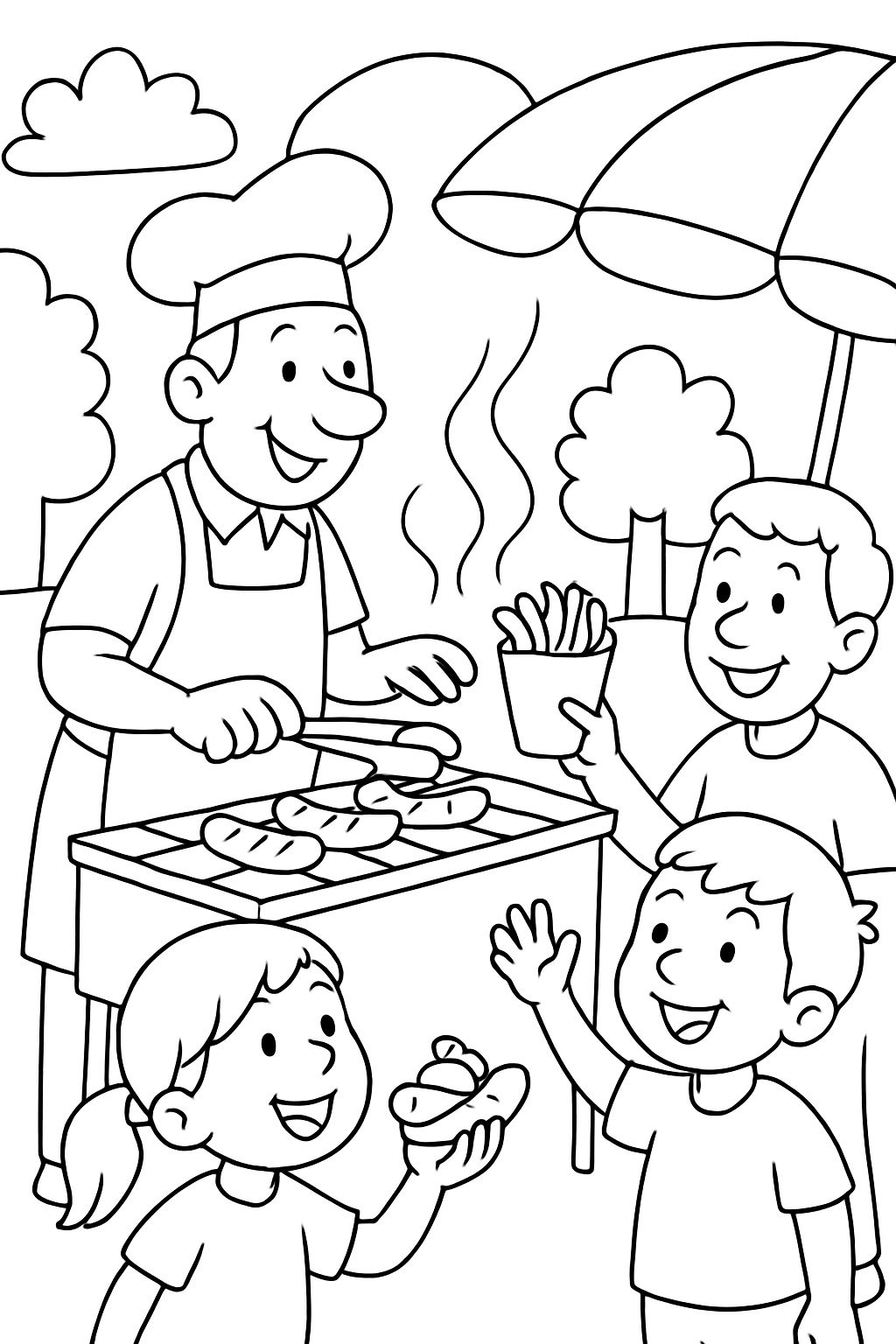 A man grilling sausages, making fries, and selling them to kids and adults