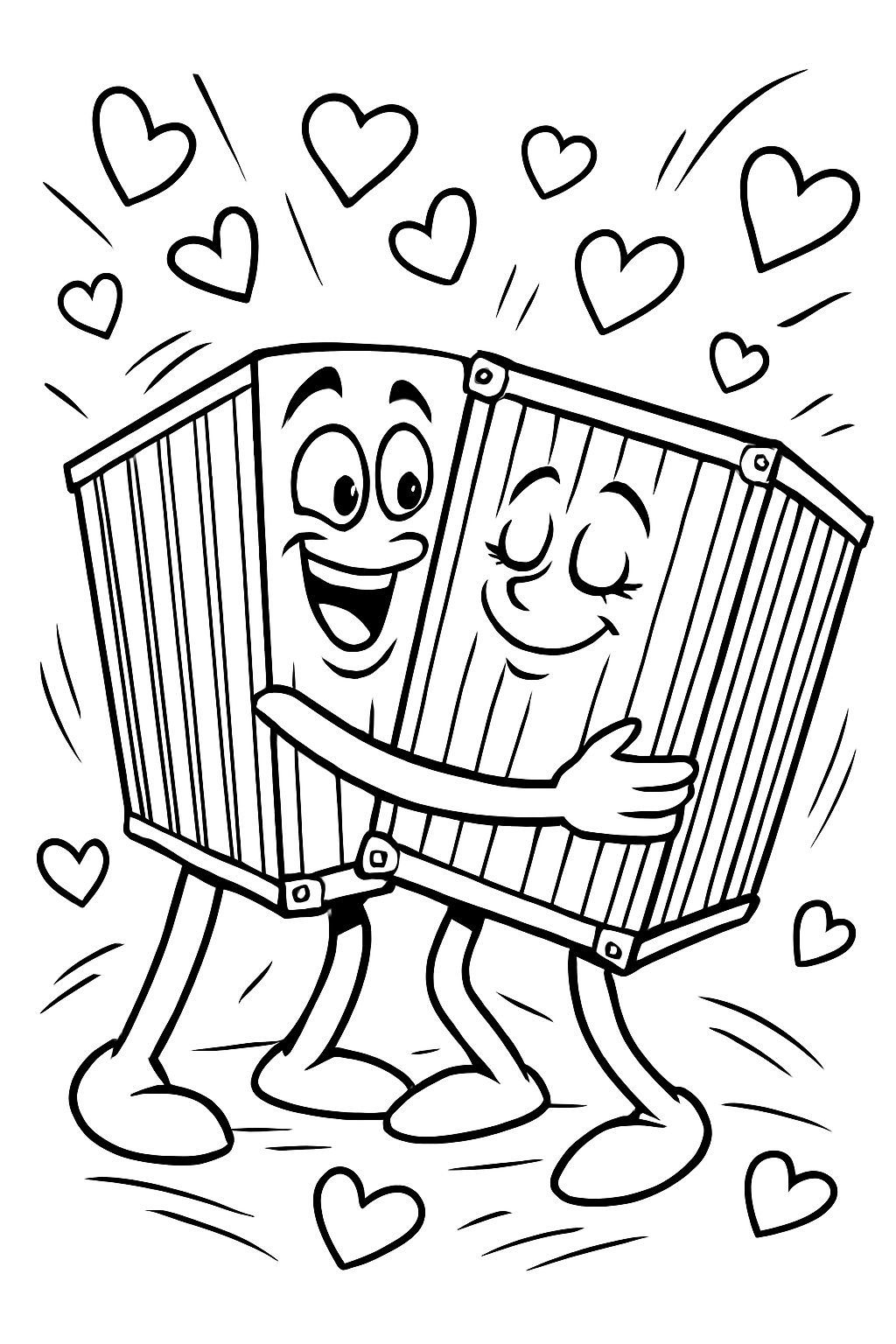 2 conteneurs maritimes s'aimant, des cœurs volent autour