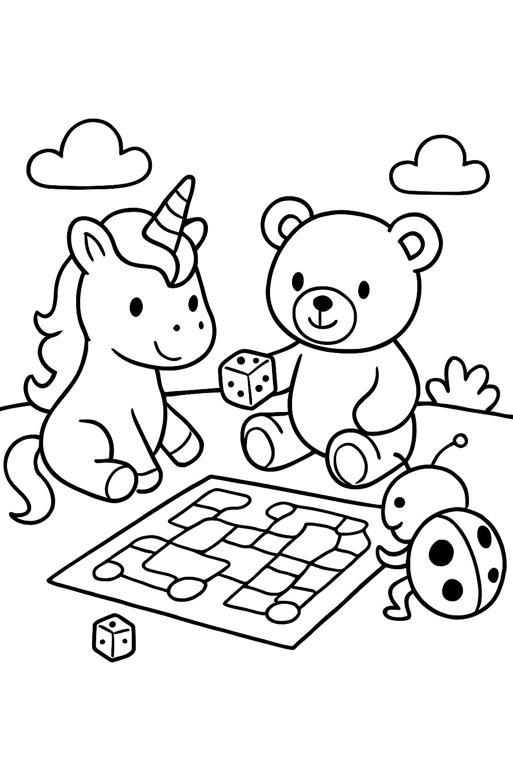 Um unicórnio, um urso de pelúcia e um besouro estão jogando um jogo com um tabuleiro e dados Um unicórnio, um urso de pelúcia e um besouro estão jogando um jogo com um tabuleiro e dados