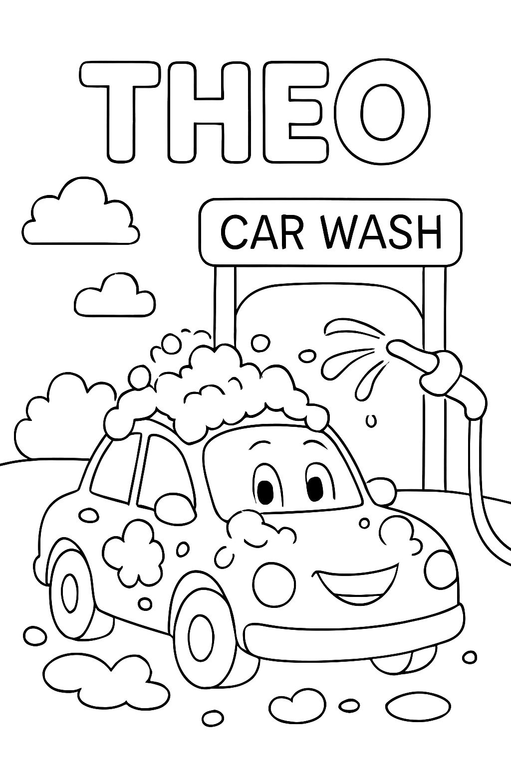 Um lava-rápido com um carro e espuma com o nome Theo no topo da página Um lava-rápido com um carro e espuma com o nome Theo no topo da página