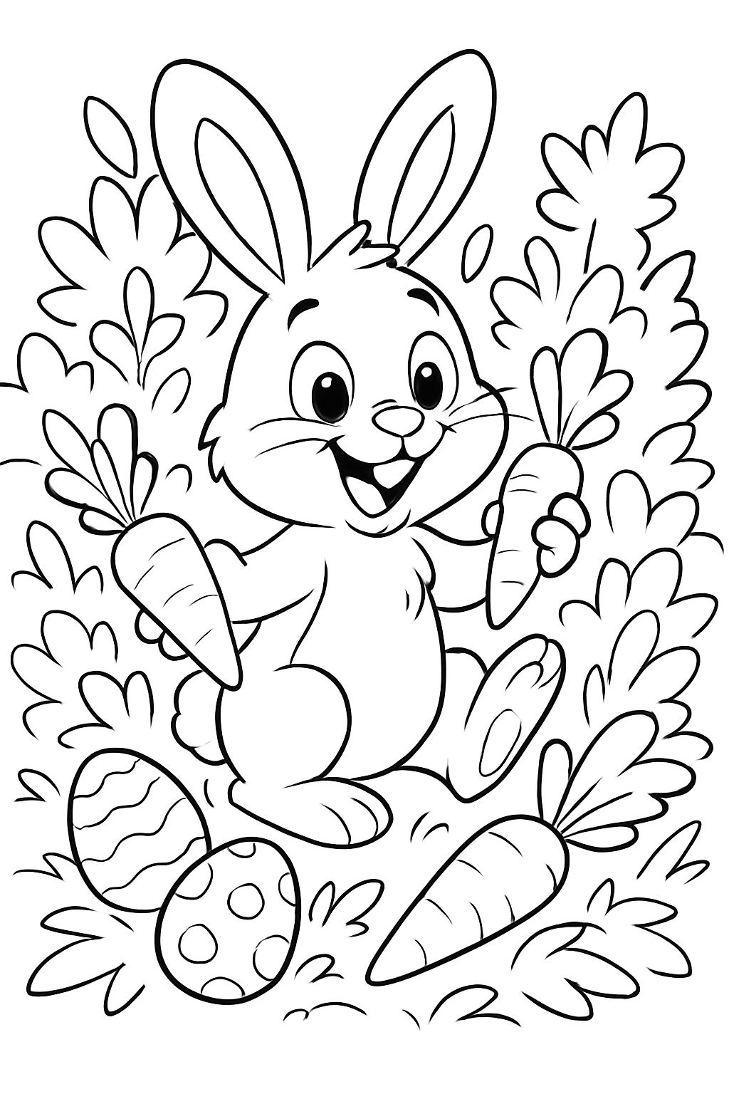 A Easter bunny with carrots and Easter eggs in the bushes