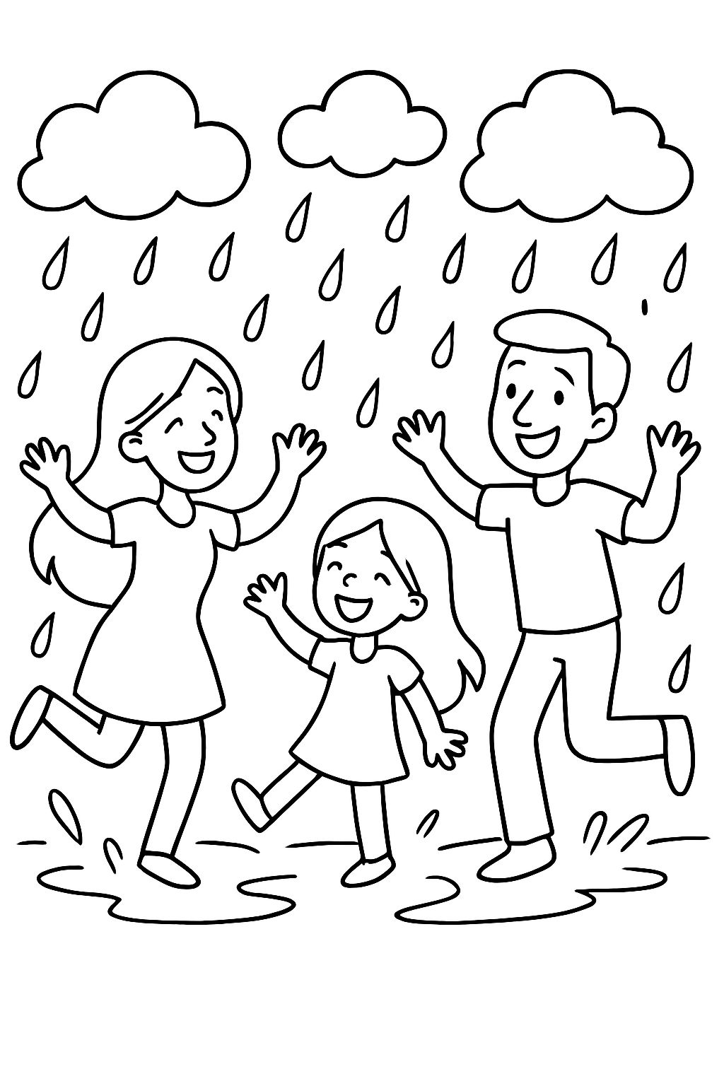 Mom with long hair, girl with long hair, dad with short hair dancing in the rain
