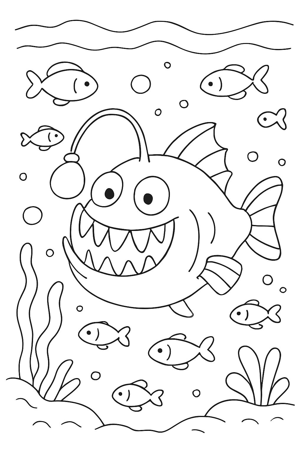 An angler fish in the deep sea with lots of fishes around. An angler fish in the deep sea with lots of fishes around.