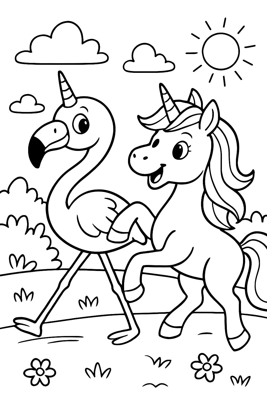 Einen Flamingoeinhorn der mit einem Einhornflamingo spaziert