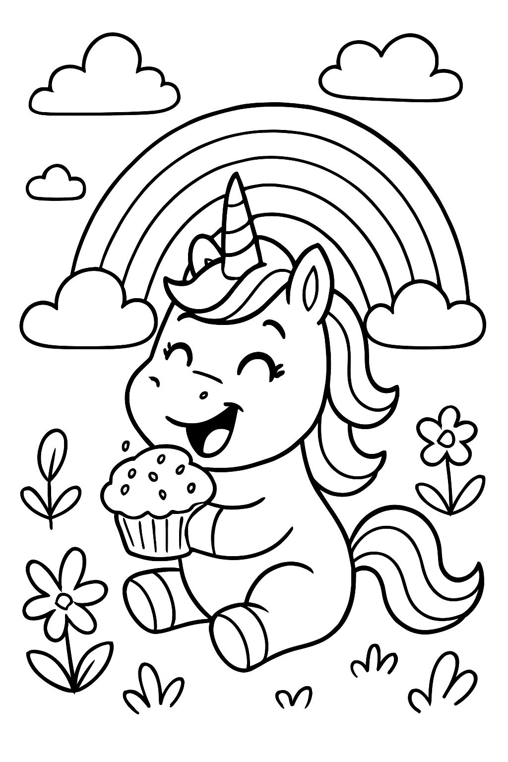 Licorne mange un muffin avec un arc-en-ciel Licorne mange un muffin avec un arc-en-ciel