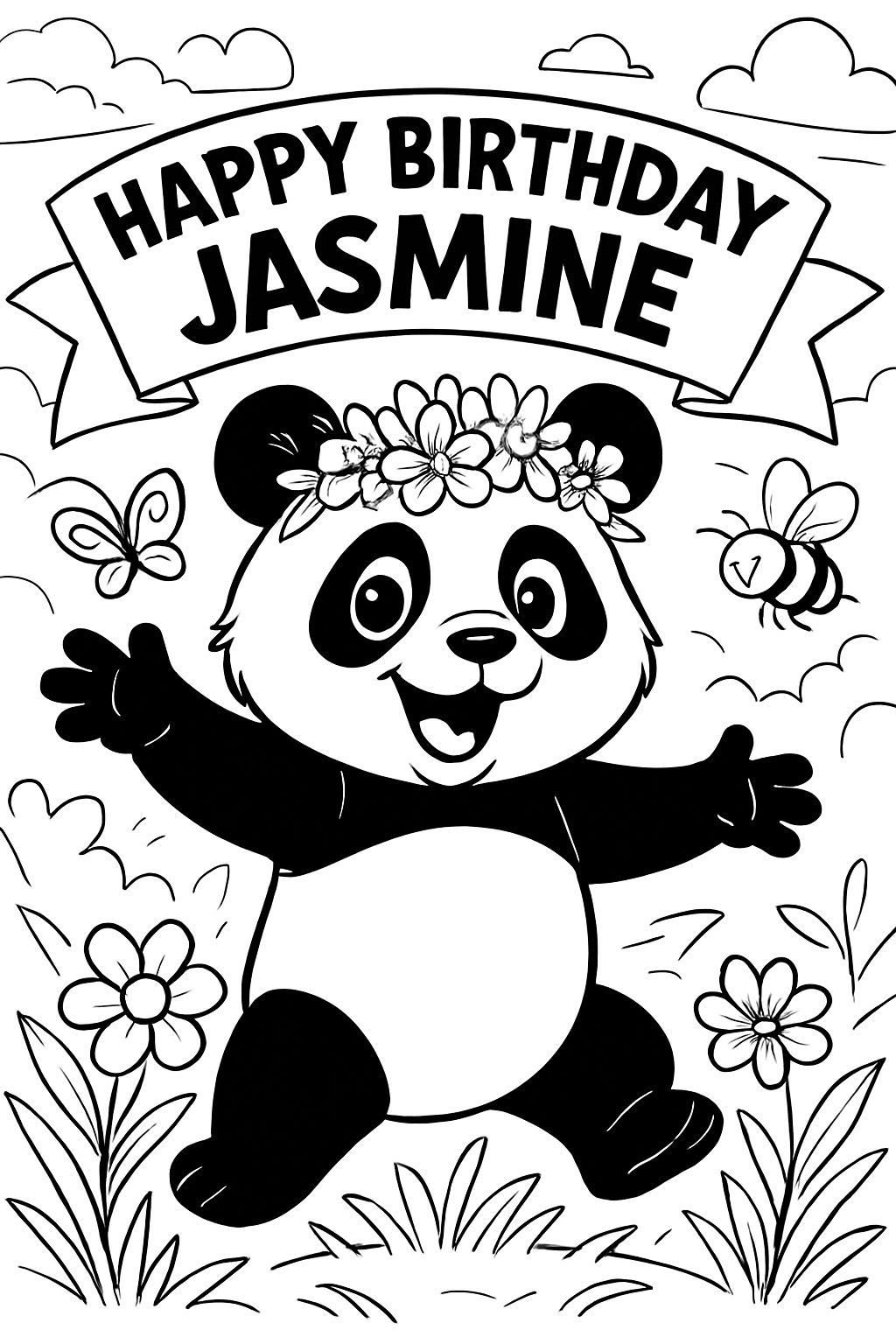 Panda with flower crown that says happy birthday jasmine. Panda with flower crown that says happy birthday jasmine.