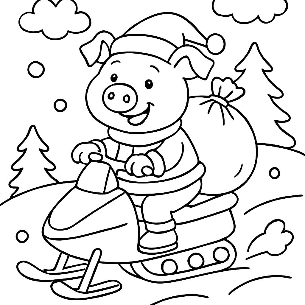 Pig with gift sack on a snowmobile Pig with gift sack on a snowmobile
