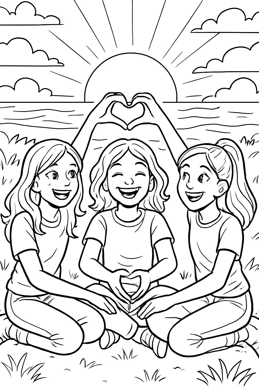 Trois filles (réalistes) font un signe de cœur avec leurs mains en étant assises face au coucher de soleil. Trois filles (réalistes) font un signe de cœur avec leurs mains en étant assises face au coucher de soleil.