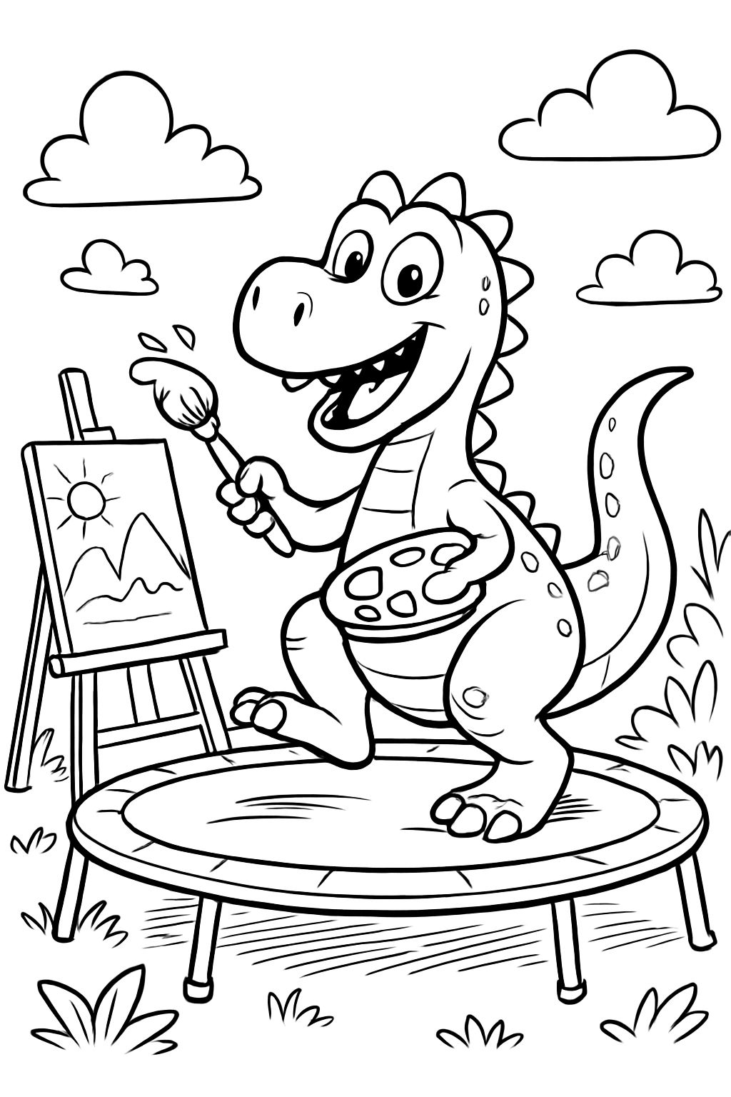 Dinosaure qui peint sur un trampoline Dinosaure qui peint sur un trampoline