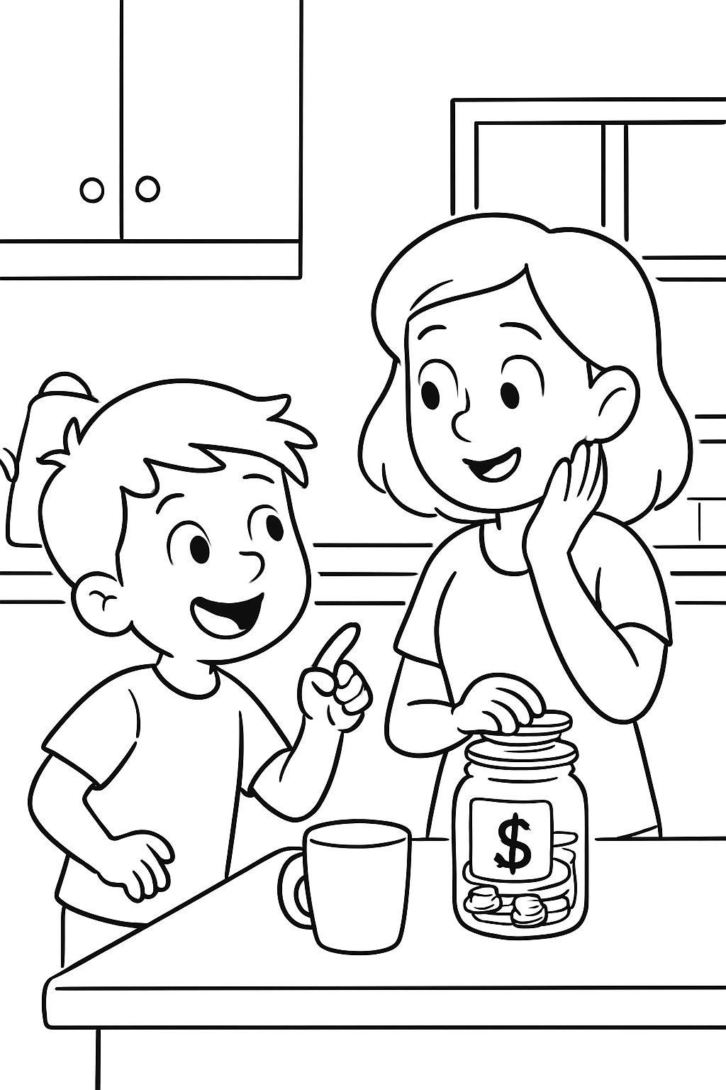 A boy asking his mother in the kitchen if she can make hot chocolate and the mother looking at the money jar that have the last few money. A boy asking his mother in the kitchen if she can make hot chocolate and the mother looking at the money jar that have the last few money.