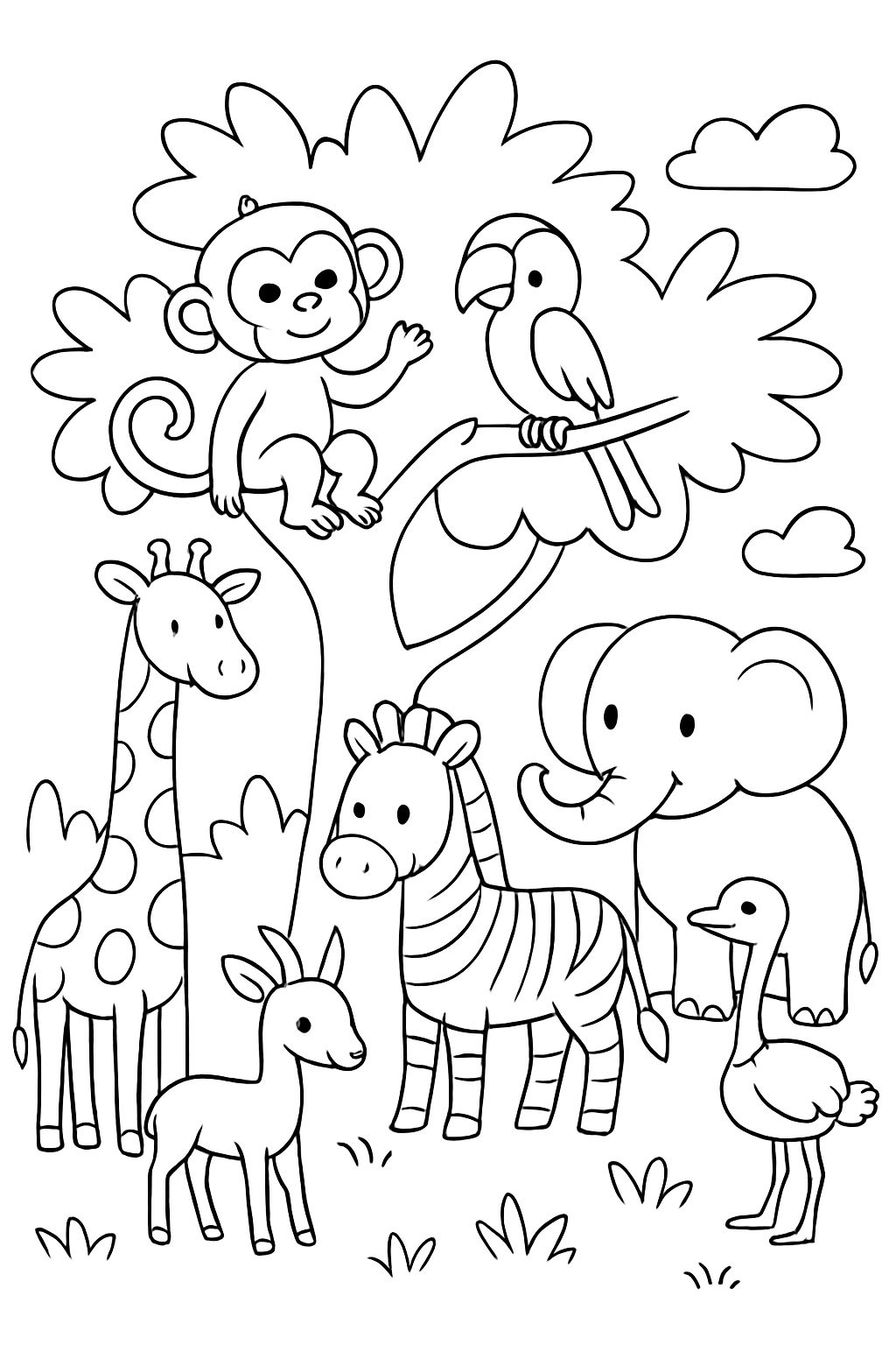 Ein Affe und ein Papagei in einem Baum mit einer Giraffe, einem Zebra, einem Elefanten, einer Antilope und einem Strauß rund um den Baum. Ein Affe und ein Papagei in einem Baum mit einer Giraffe, einem Zebra, einem Elefanten, einer Antilope und einem Strauß rund um den Baum.