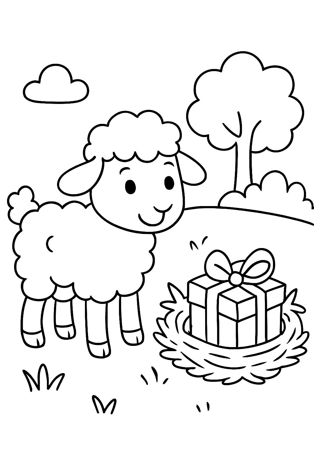 Cordero con un nido que contiene un paquete