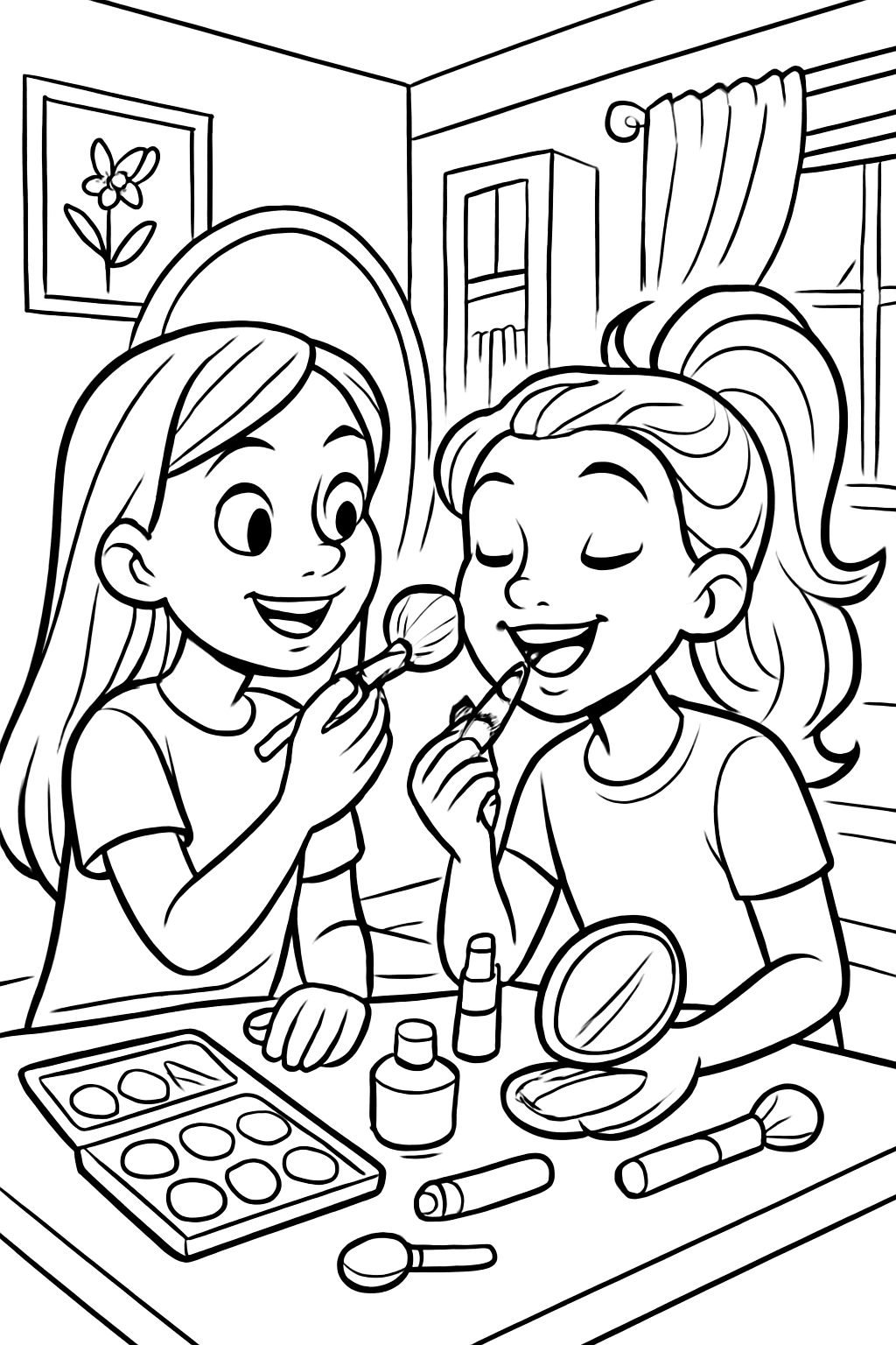 2 best friends sitting at a makeup table in a room 2 best friends sitting at a makeup table in a room