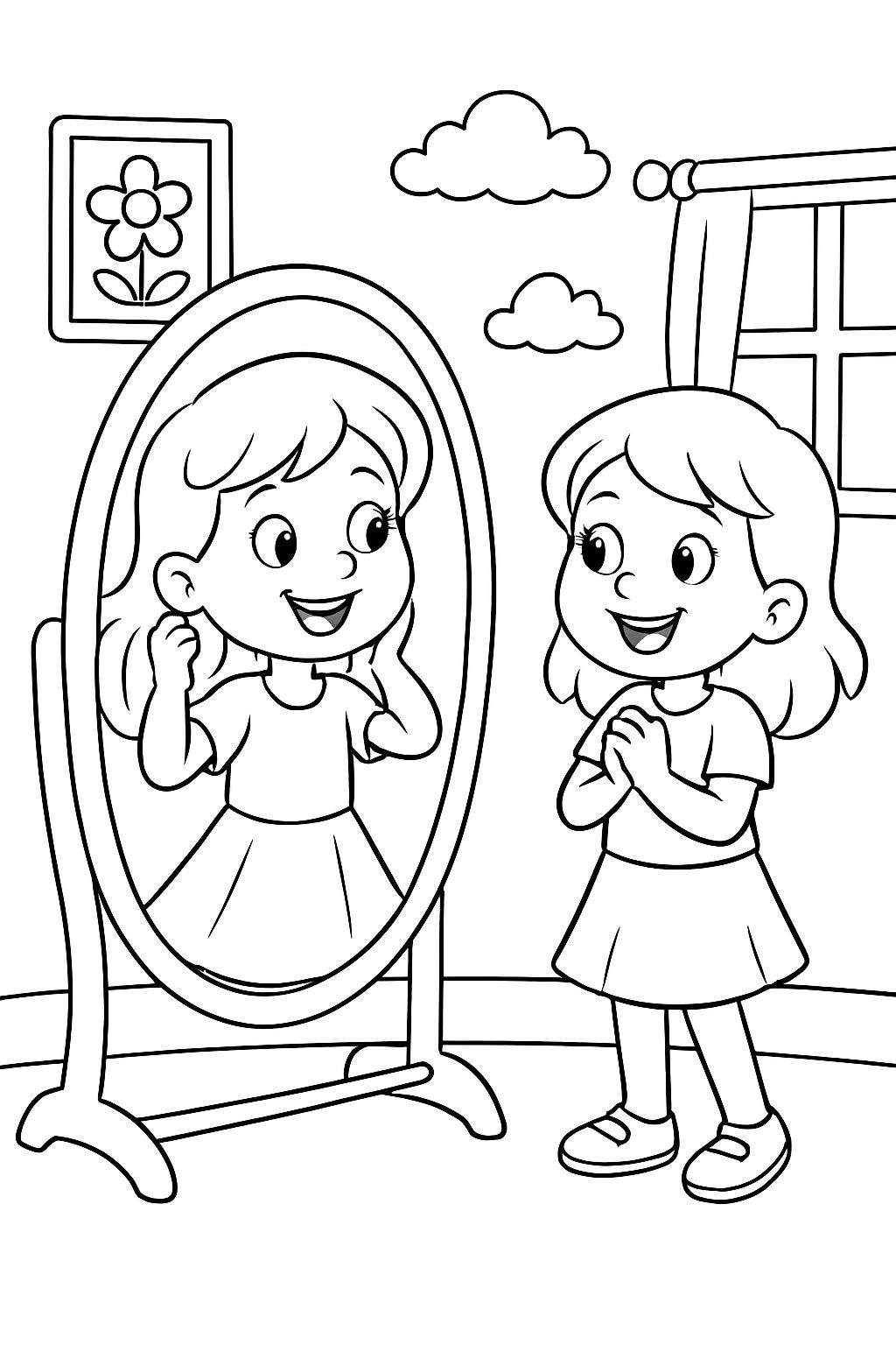 A girl looking in the mirror and another girl watching her.