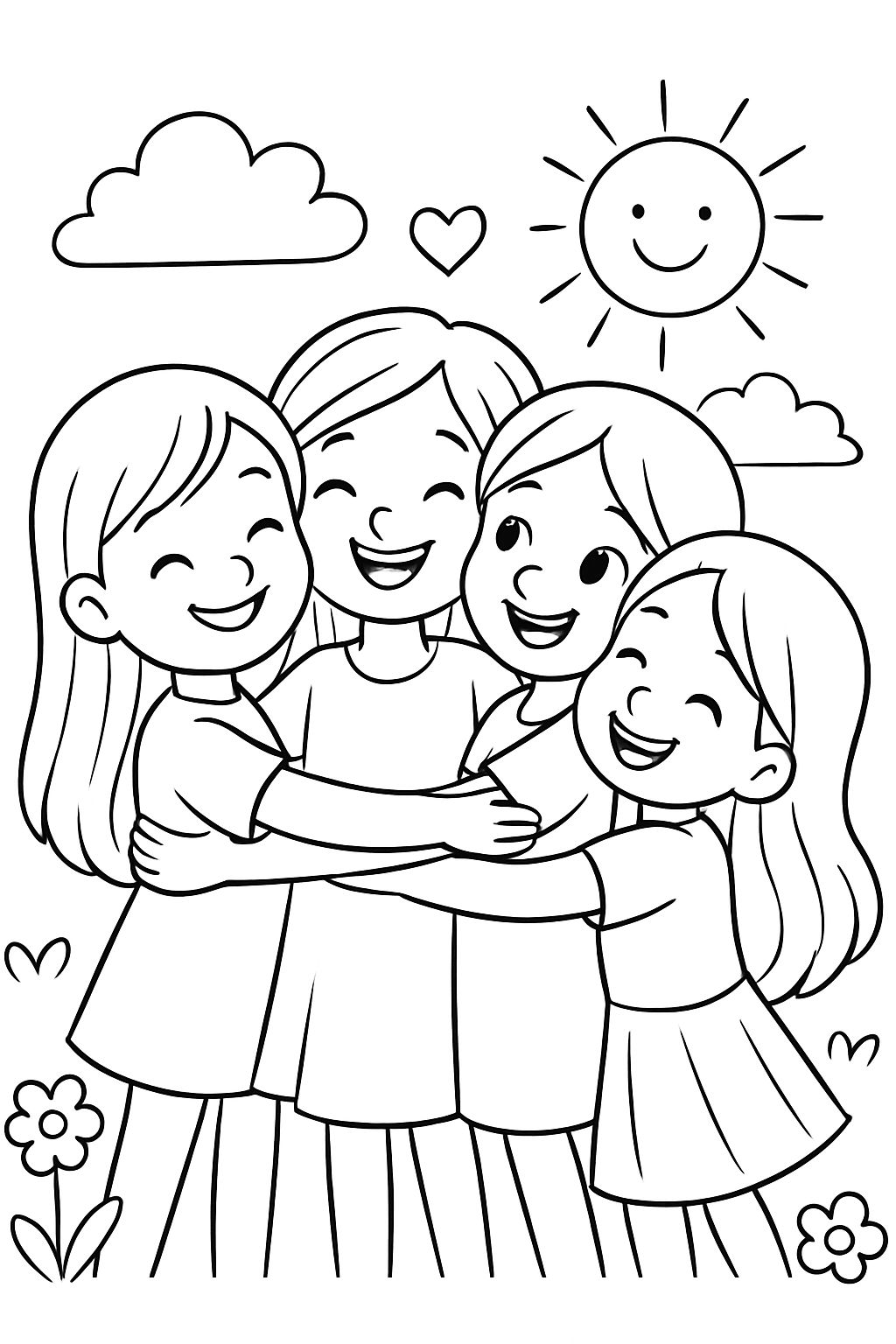 4 girls with long hair hugging each other.