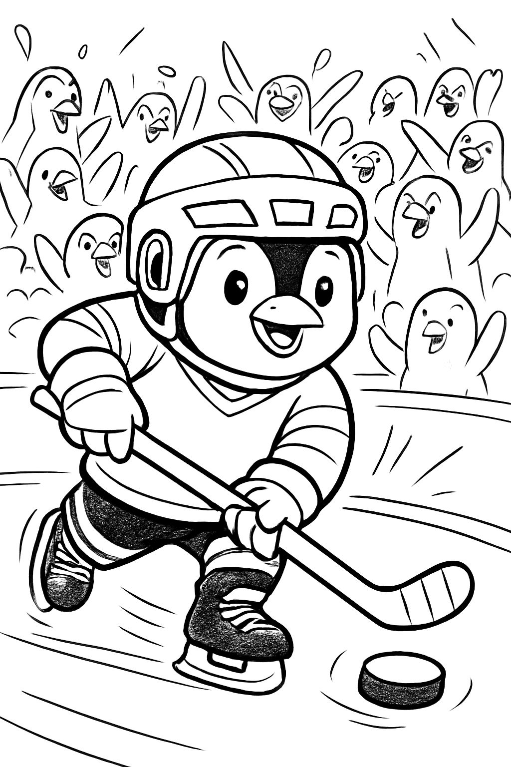 Un petit pingouin jouant au hockey sur glace portant un équipement de hockey et de nombreux pingouins comme fans