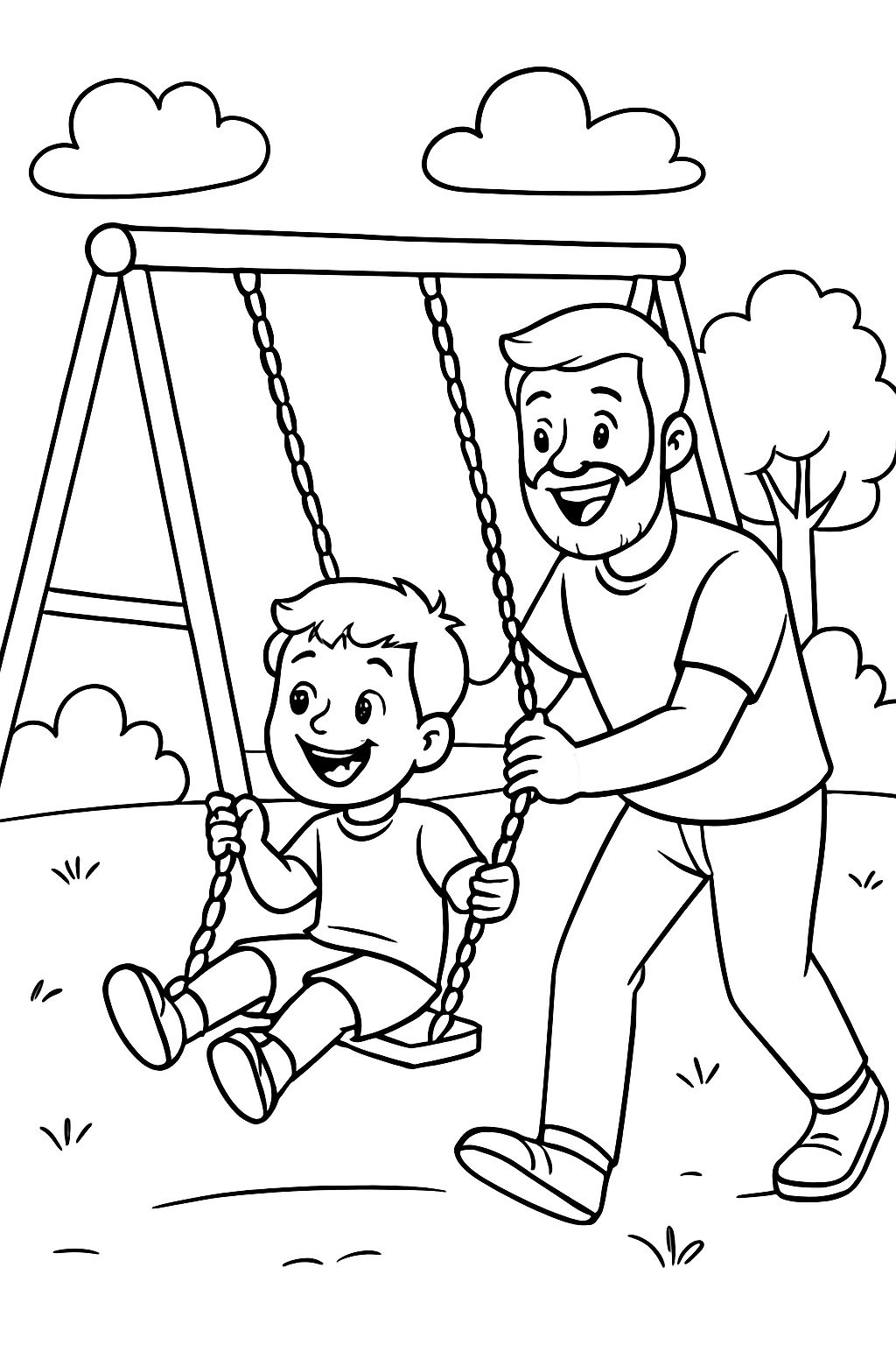 37 year old bearded father pushing 3 year old son on swingset.
