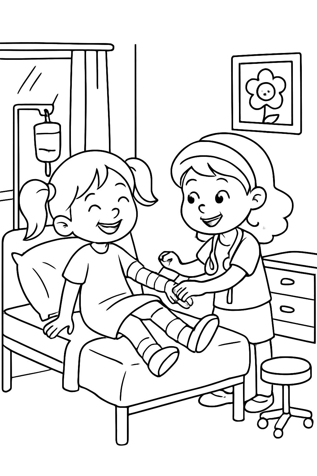 2 girls in the hospital during a check-up on their leg and arm