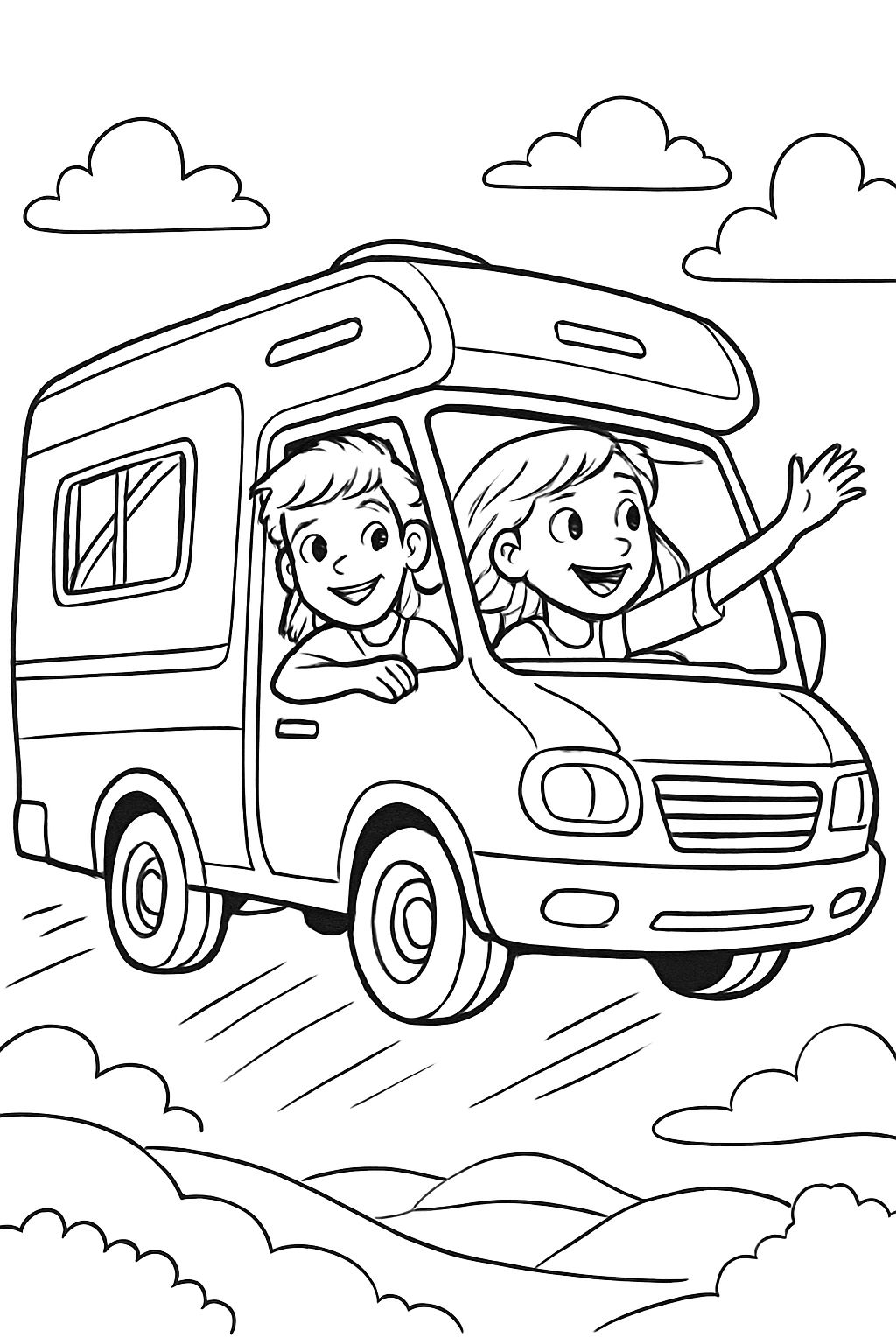 A flying camper van where a girl and a boy are looking out the window