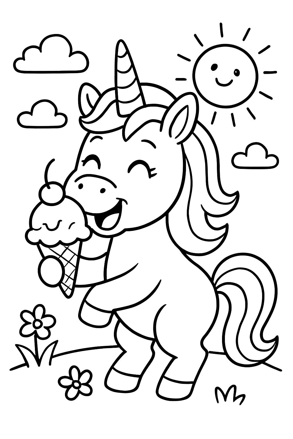 unicórnio comendo sorvete de cereja