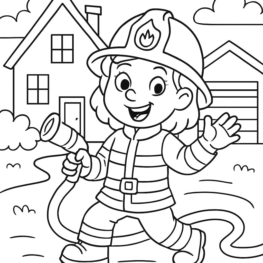 Firefighter woman with house and garage Firefighter woman with house and garage