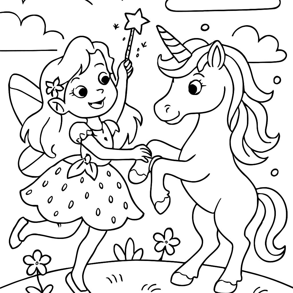 A fairy wearing a strawberry dress dancing with a unicorn A fairy wearing a strawberry dress dancing with a unicorn