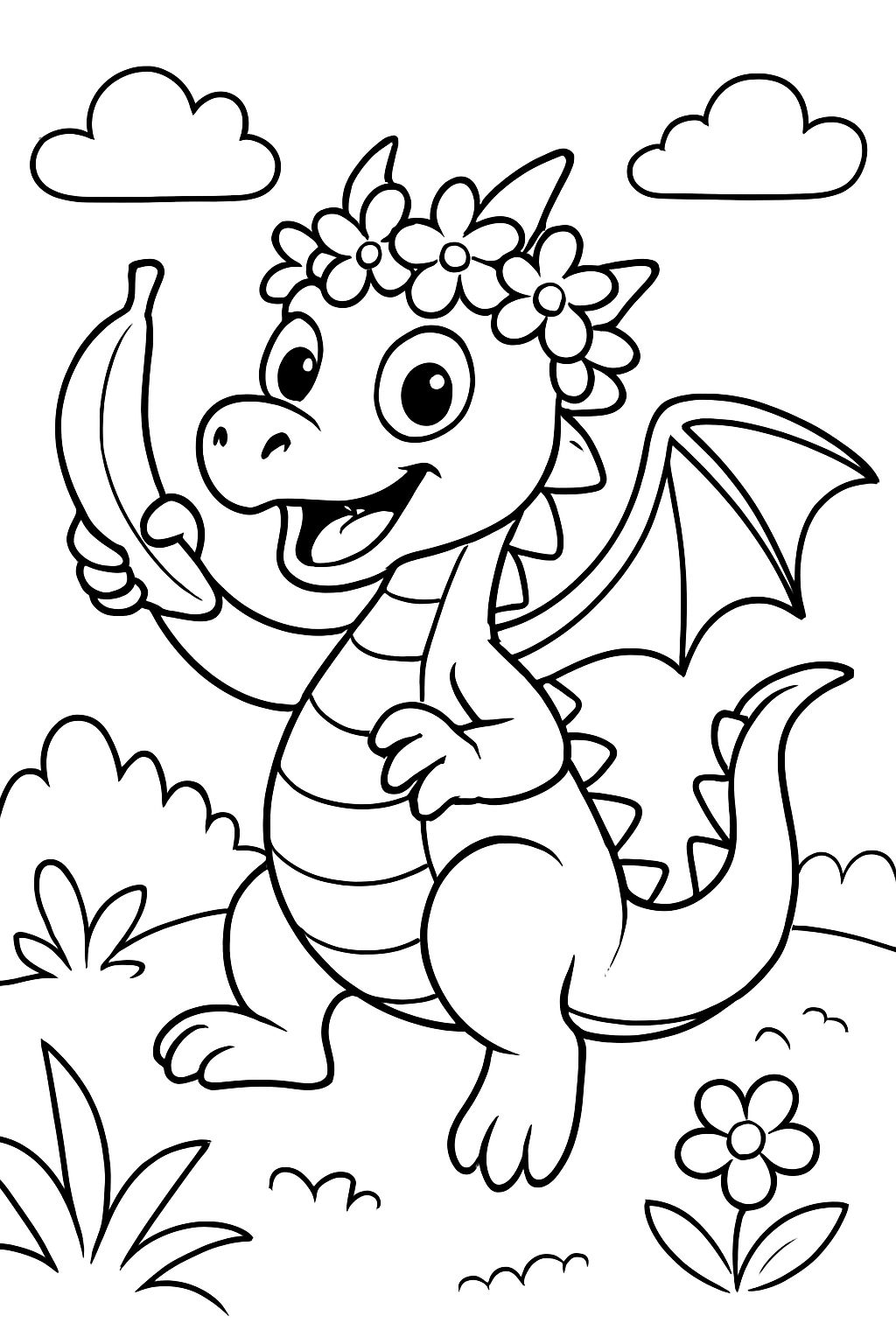 a dragon with a flower crown on and a banana just the same