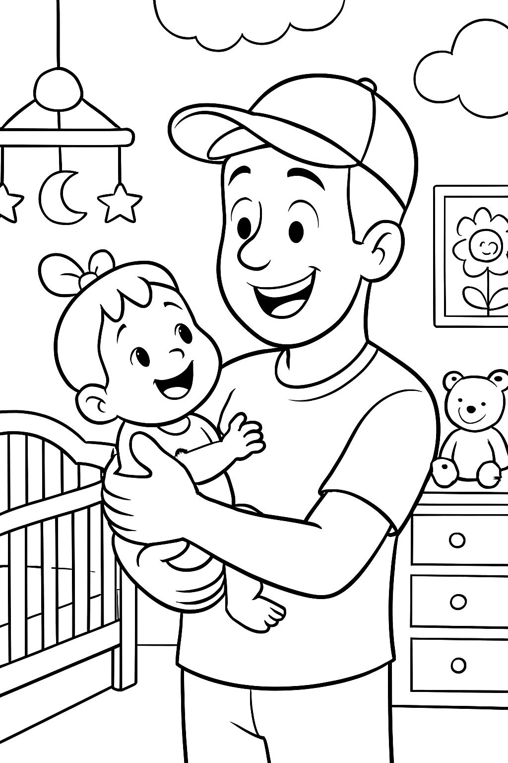 père avec une casquette de baseball, tenant sa petite fille dans sa chambre d'enfant. père avec une casquette de baseball, tenant sa petite fille dans sa chambre d'enfant.