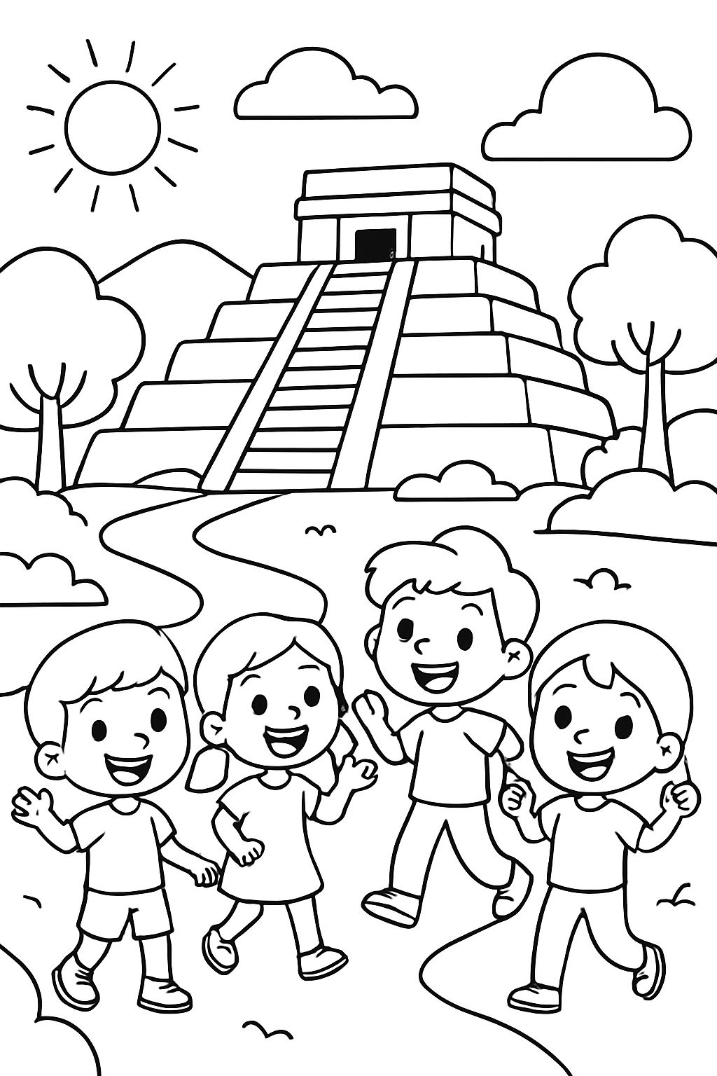 Ein Weg mit einem Felsentempel und Menschen davor.