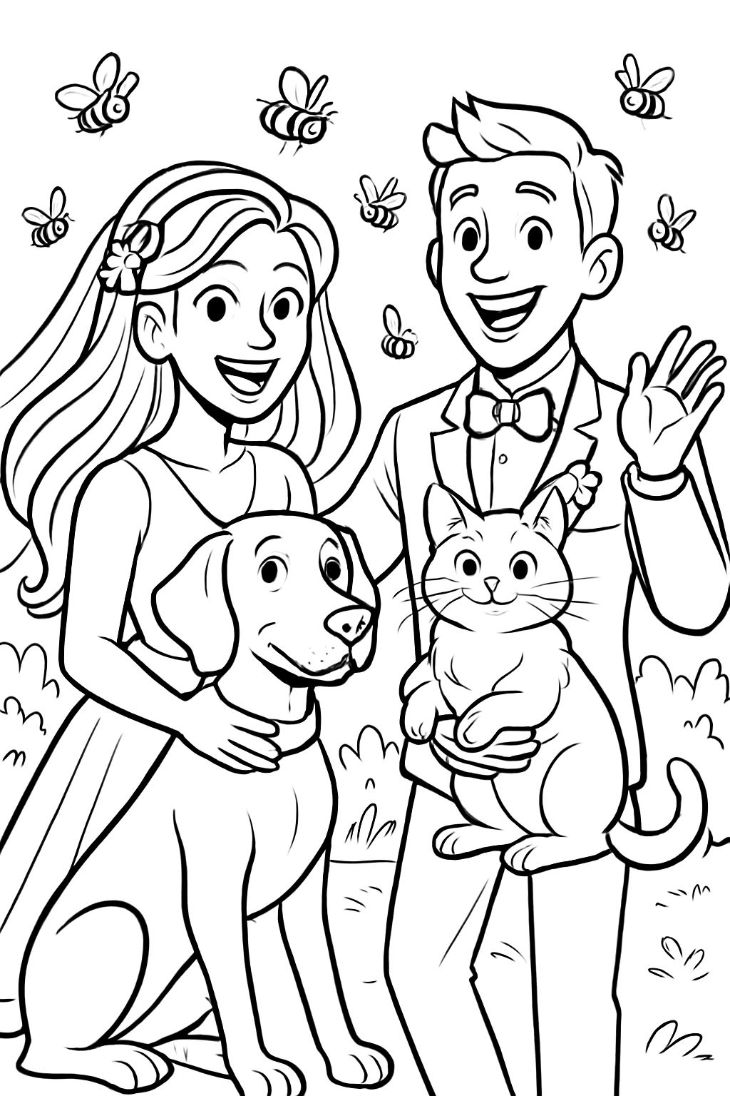 bride with beautiful hair and weimarener dog and the groom with the cat a bees around