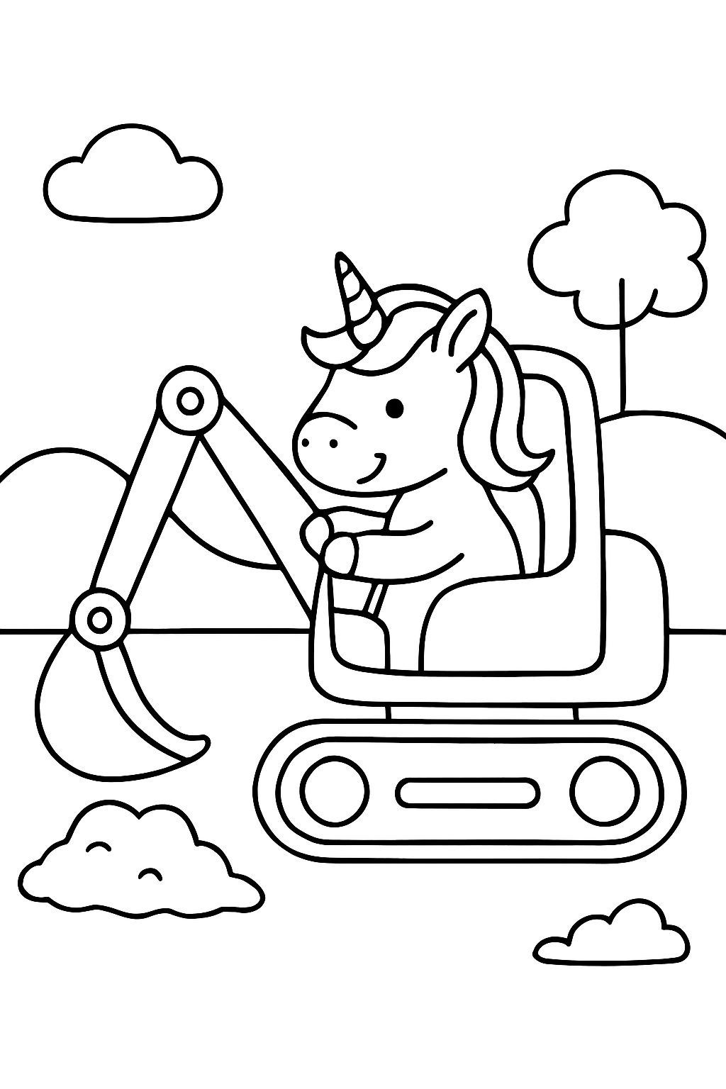 Um unicórnio dirigindo uma escavadora