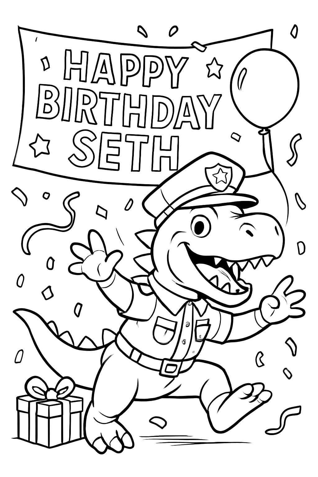 A happy birthday card for Seth. Police dinosaur.