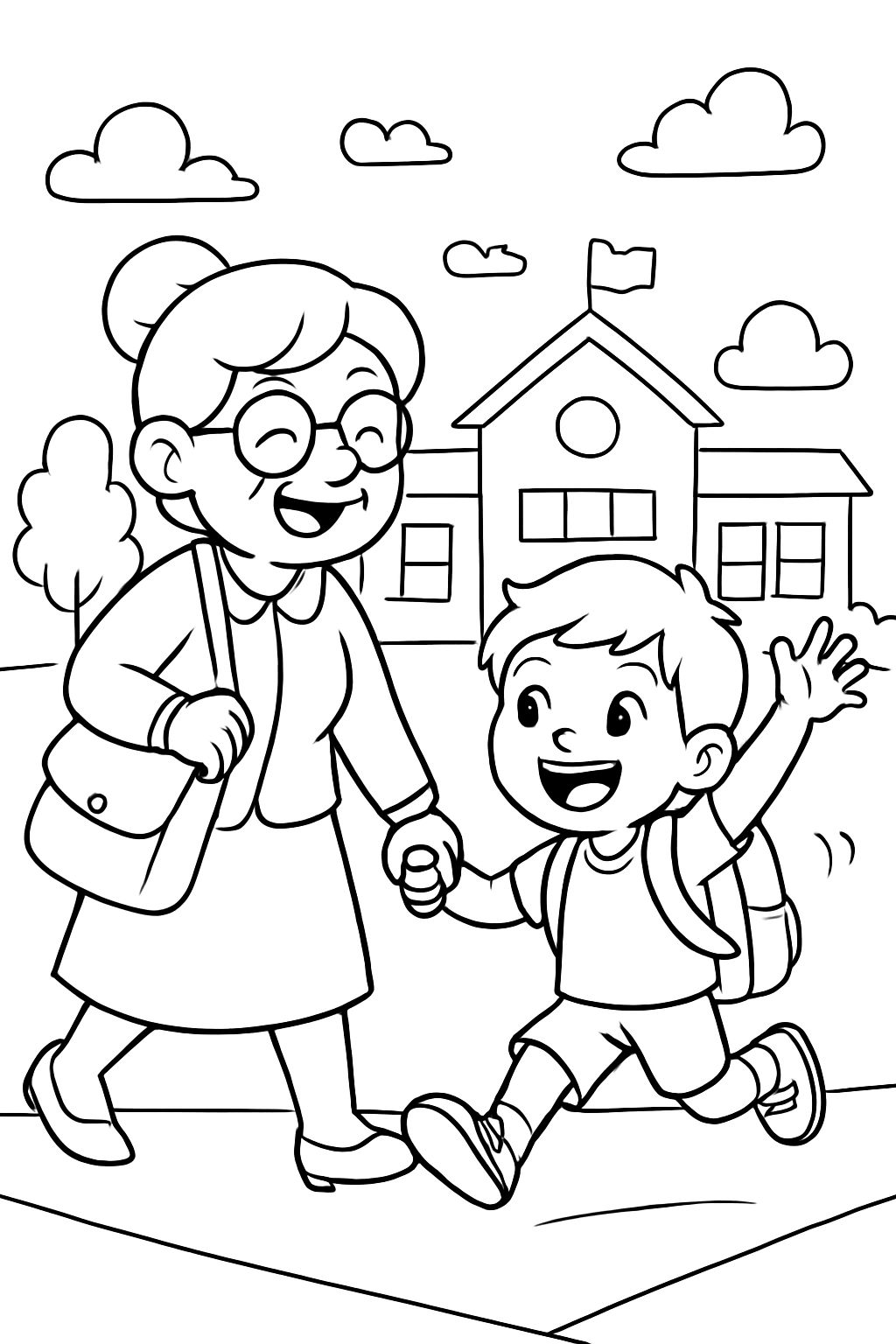 Grandma taking her grandson to school happily.
