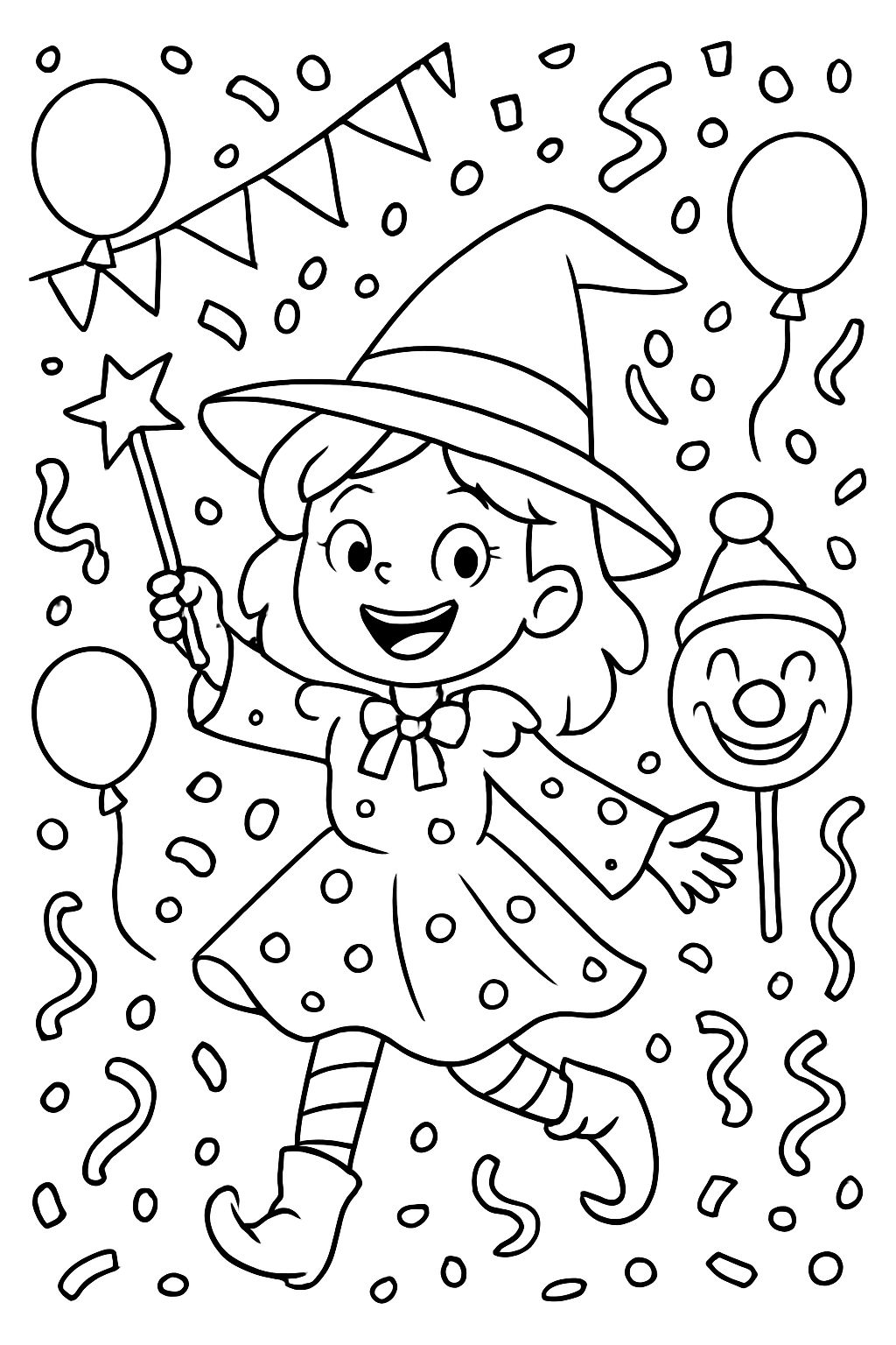 Eine Konfetti-Hexe die Karneval feiert