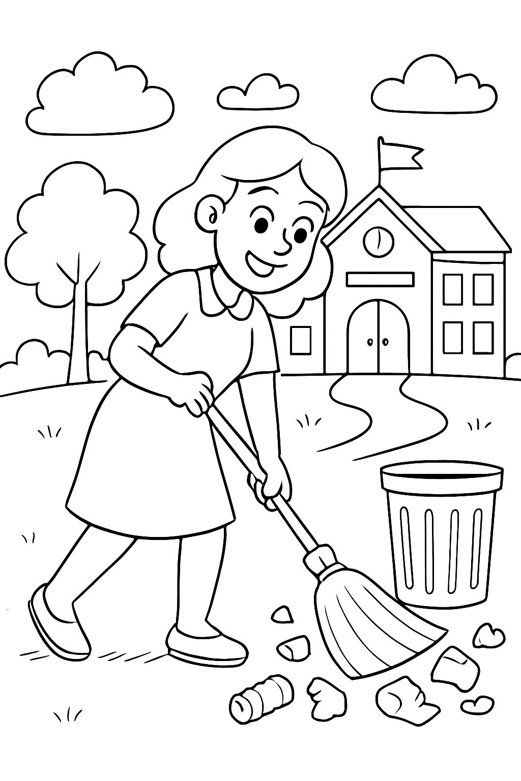 Frau mit Besen, die den Müll der Schule aufräumt.