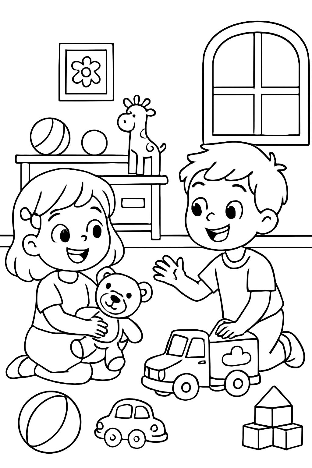Children with organized toys