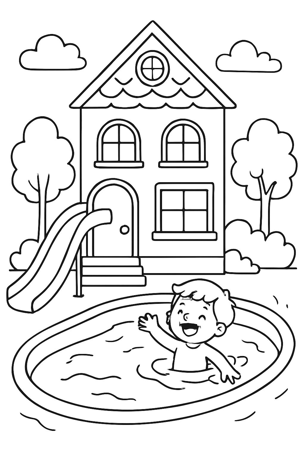 A fancy house with a slide leading to a pool